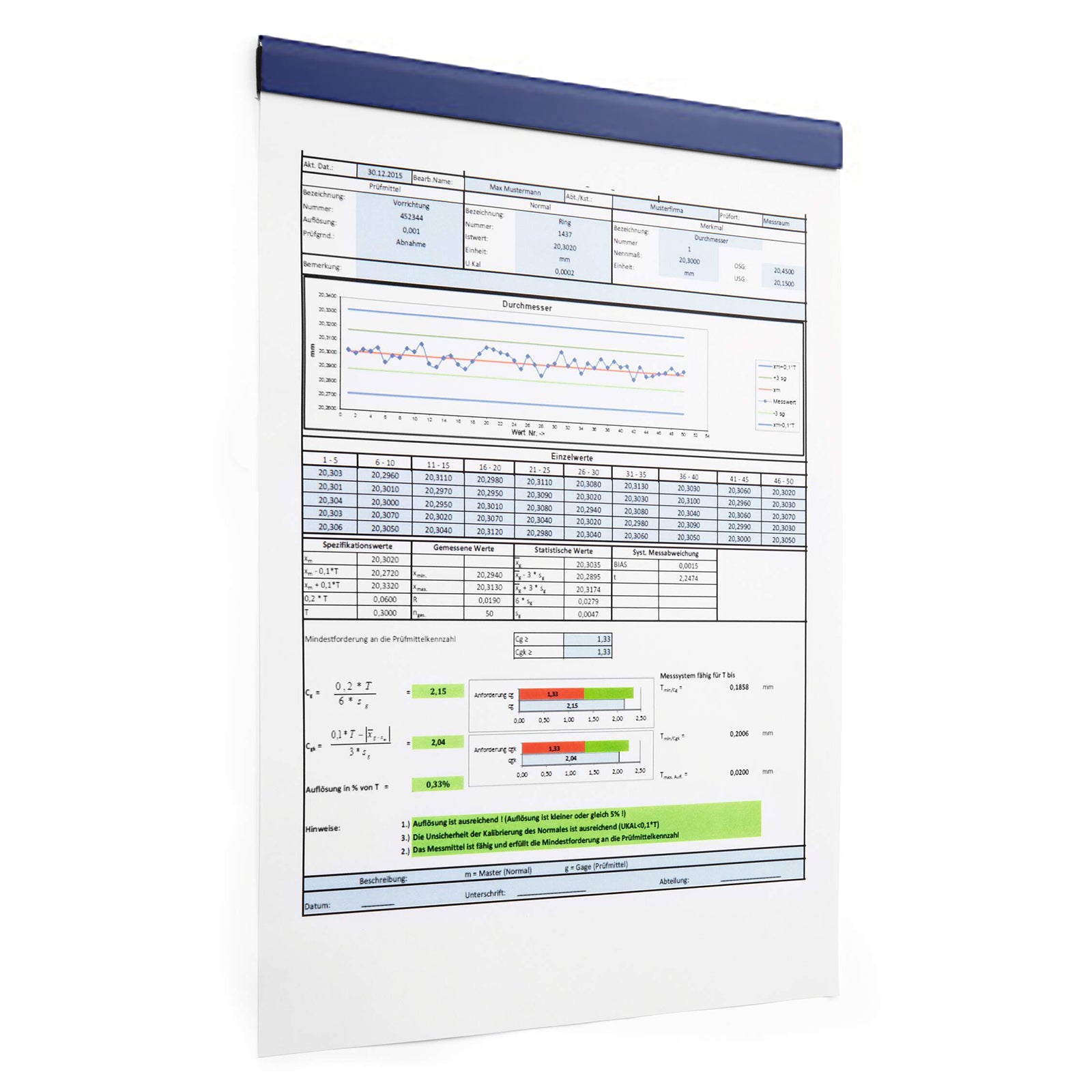 Close up of a single Durable Durafix 210 x 17 mm dark blue magnetic strip securing an A4 report against a white background. The image clearly displays the premium finish, slim profile and secure document holding design.