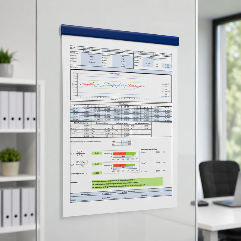Durable Durafix dark blue magnetic strip attached to a glass office partition holding an A4 technical report. The clean installation showcases the professional bubble free presentation and strong magnetic document retention.