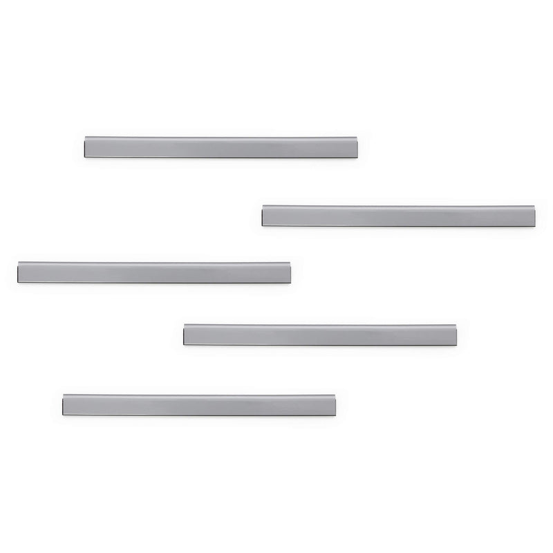 Studio image showing five Durable Durafix 210 x 17 mm silver magnetic strips arranged on a white background. The image clearly displays the long magnetic strip design supplied in the convenient pack of five.