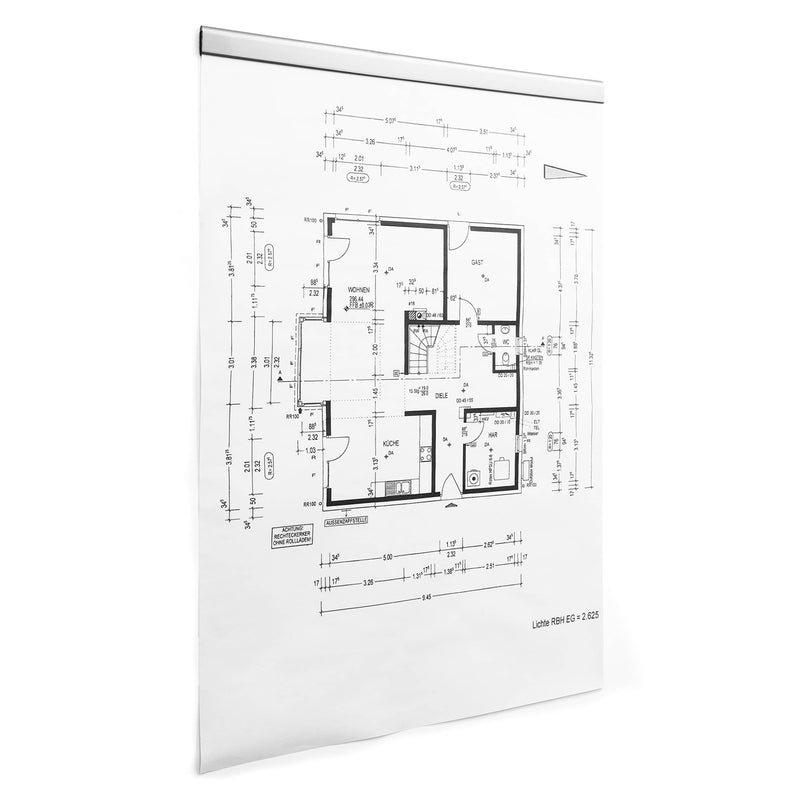 Angled view of a technical drawing mounted with Durable Durafix Silver Magnetic Clips on a smooth white surface. The image demonstrates the clean, minimalist display style and secure full width document support.