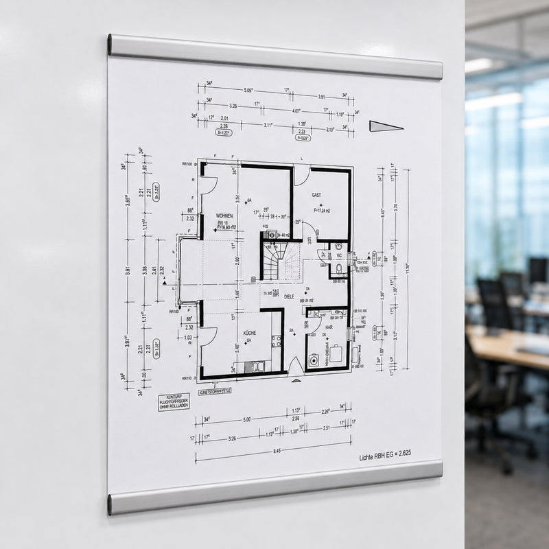 Durable Durafix Silver Magnetic Clips securing a detailed architectural floor plan to a whiteboard in an office meeting space. The long magnetic strips keep the technical drawing flat and easy to view during presentations and planning sessions.