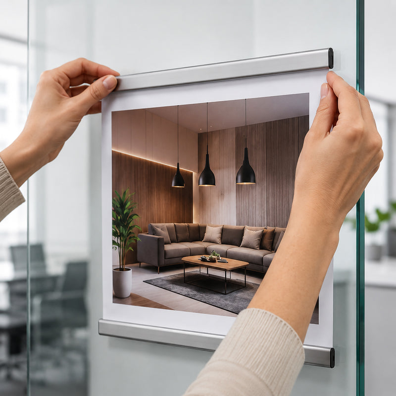 Hands installing a Durable Durafix 297 x 17 mm Silver Magnetic Clip onto a glass office partition to display an interior design presentation. The long magnetic strips securely hold the document while creating a clean, professional appearance in a modern workplace.