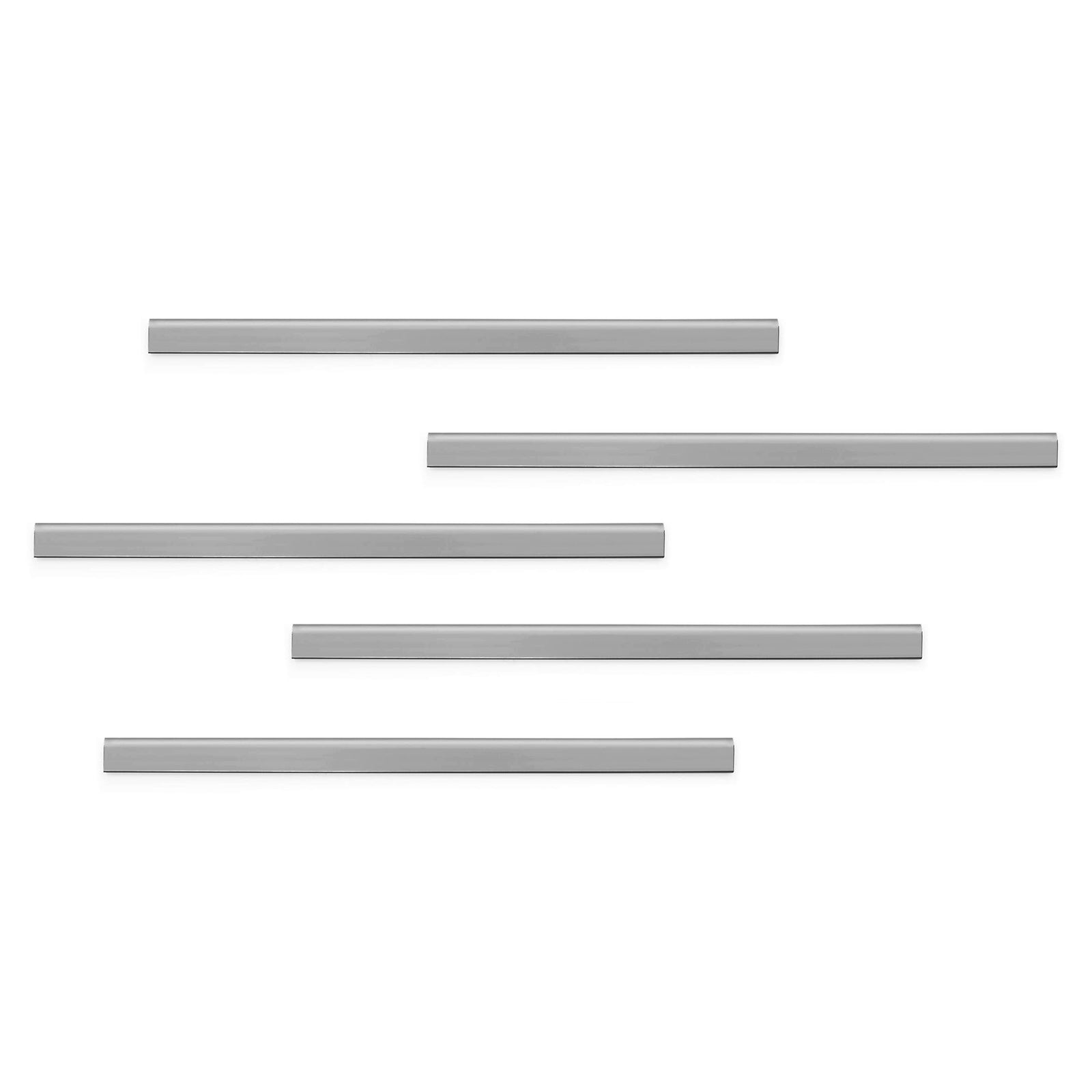 Studio image showing five Durable Durafix 297 x 17 mm Silver Magnetic Clips arranged on a white background. The display clearly presents the long slim profile and consistent silver finish across the complete pack.