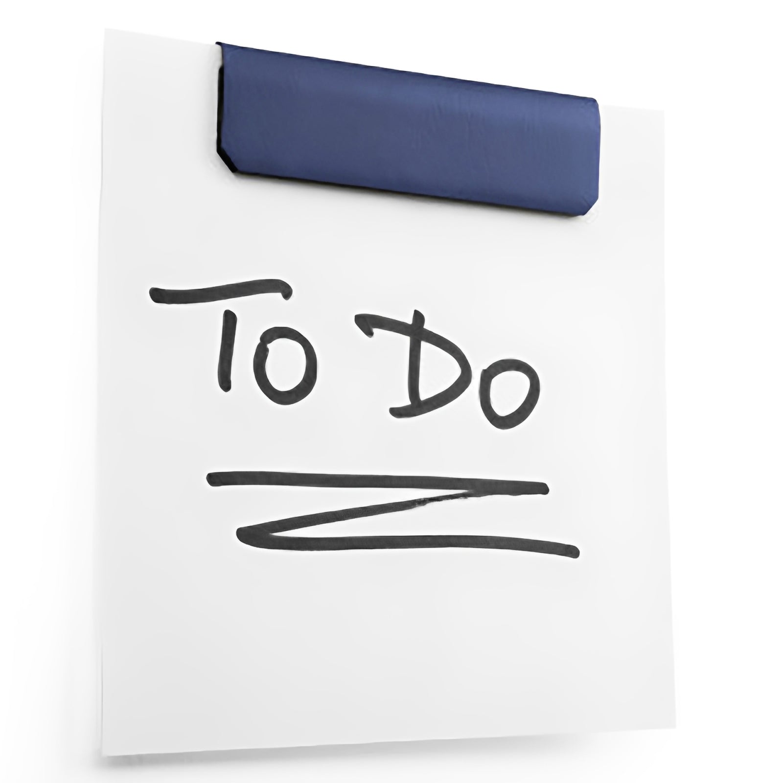 Close up of a dark blue Durable Durafix Magnetic Clip mounted on a white surface holding a handwritten reminder. The rich blue finish offers a stylish colour coded option for organising notes and important information.