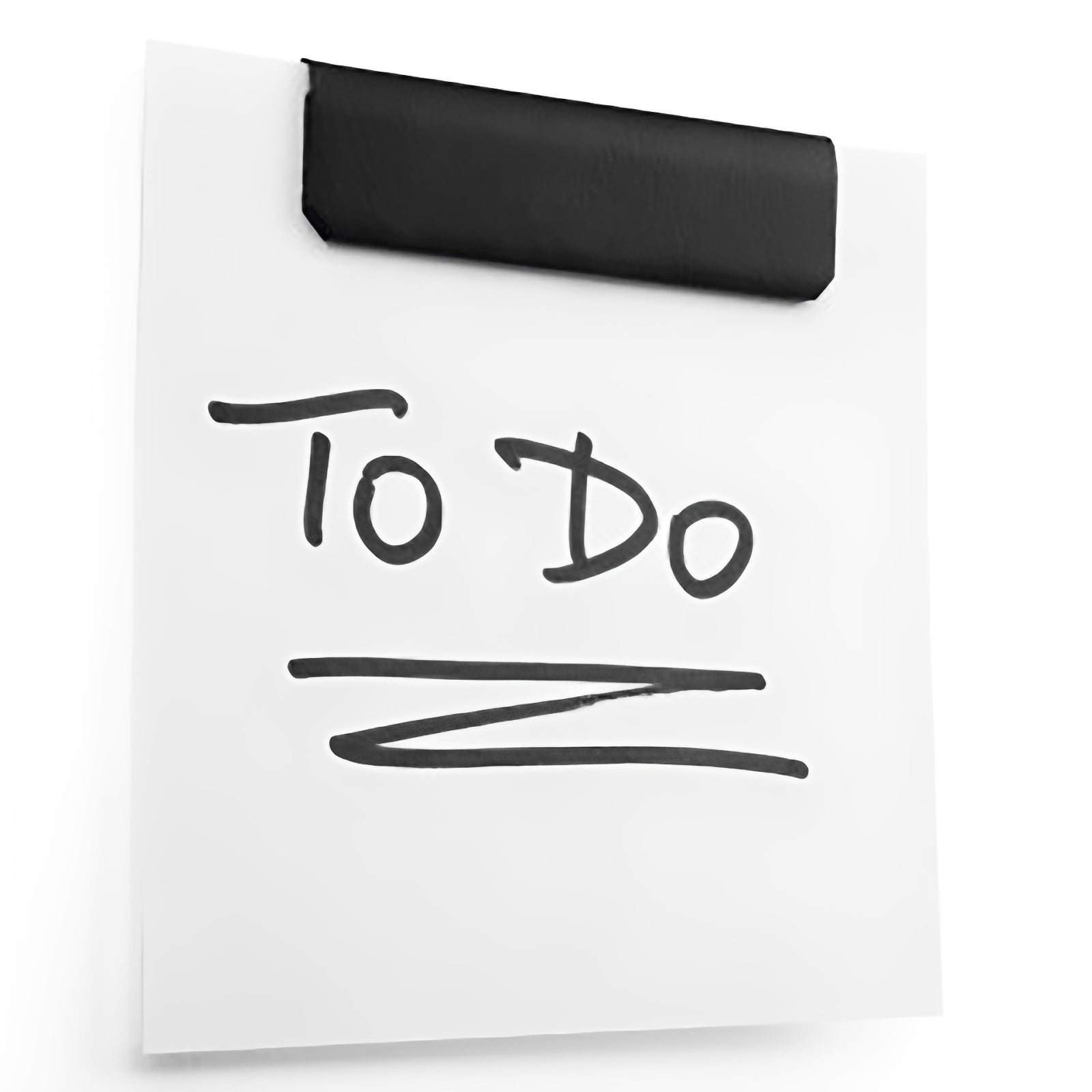 Close up of a black Durable Durafix Magnetic Clip holding a handwritten To Do note against a clean white surface. The image highlights the slim design, secure magnetic grip and professional finish for everyday document display.