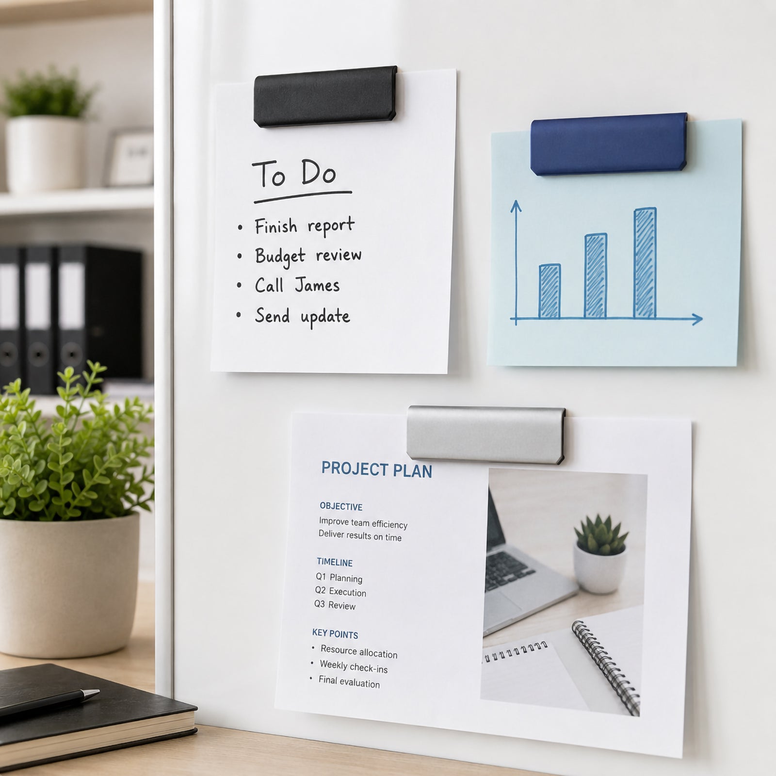 Durable Durafix assorted magnetic clips organise office documents on a white magnetic cabinet. A black clip secures a to do list, a dark blue clip holds a chart, and a silver clip displays a project plan, illustrating practical workplace organisation.