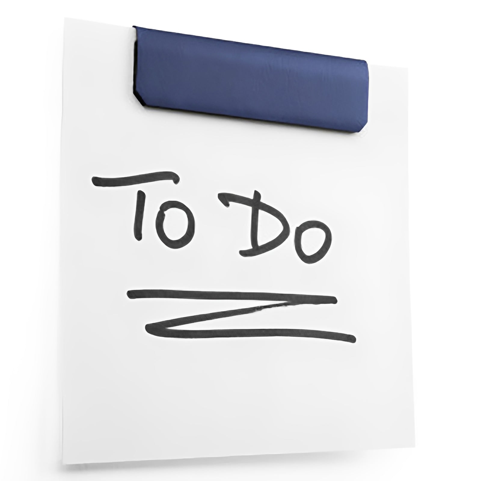 Close up of a single dark blue Durable Durafix Magnetic Clip holding a handwritten To Do note against a white surface. The image highlights the clip's smooth finish, strong magnetic hold and minimalist design.