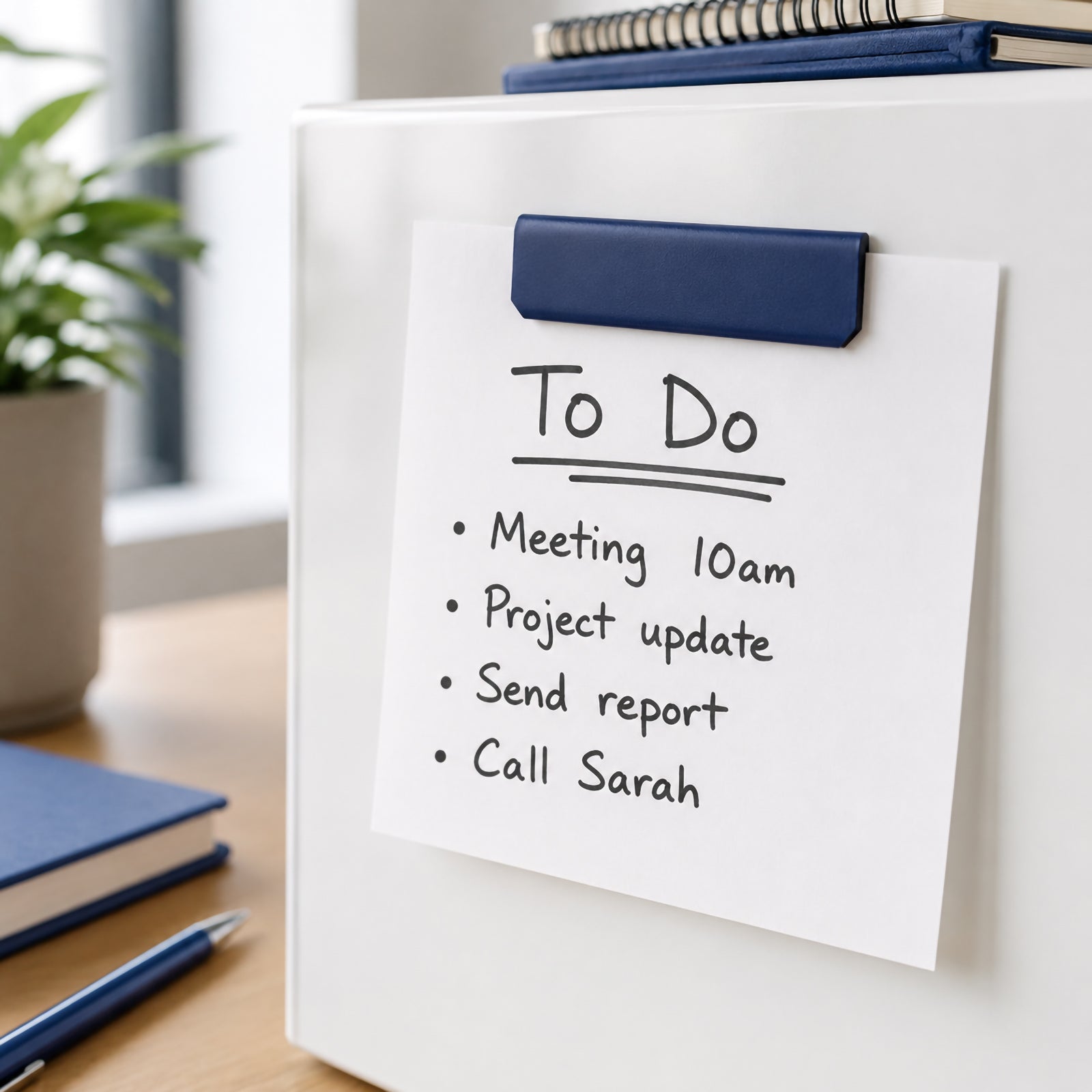 A Durable Durafix Magnetic Clip in dark blue secures a handwritten office to do list to a white filing cabinet beside notebooks and office supplies. The clip keeps important daily tasks visible in a clean, organised workspace.