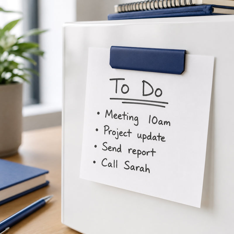 A Durable Durafix Magnetic Clip in dark blue secures a handwritten office to do list to a white filing cabinet beside notebooks and office supplies. The clip keeps important daily tasks visible in a clean, organised workspace.