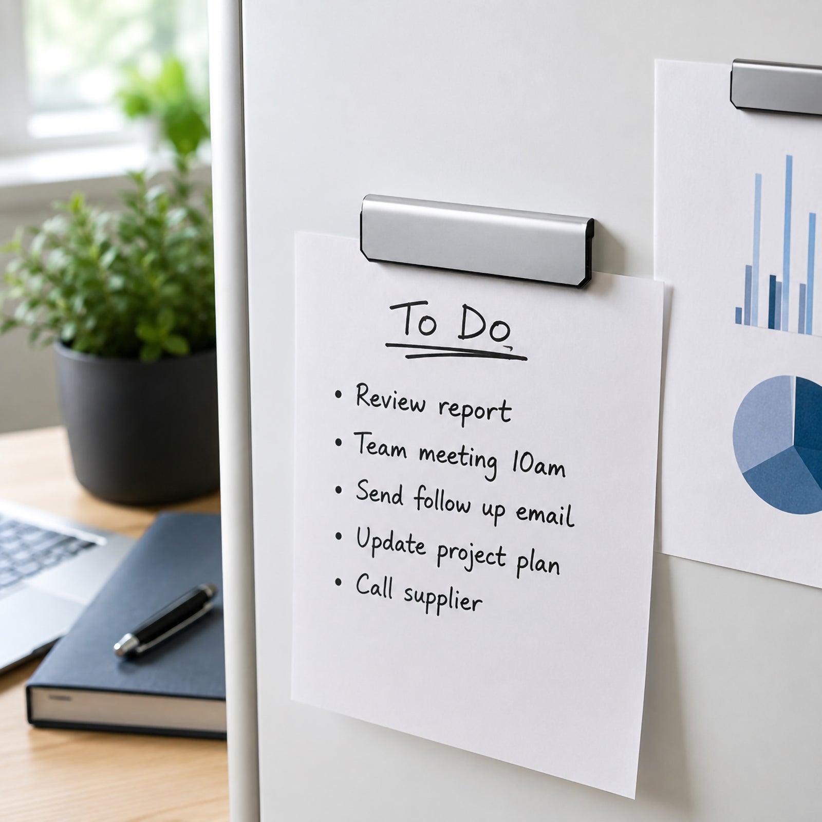 The Durable Durafix Magnetic Clip secures a handwritten office to do list to a metal cabinet beside printed business charts. The image demonstrates how the clip helps organise daily tasks in a clean and professional workspace.