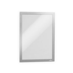 Durable 487223 Duraframe A4 sign holder adhesive back silver hero view showing contemporary silver frame with self-adhesive back, 236 x 323mm