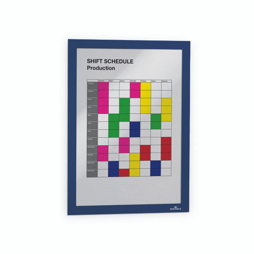 Durable Duraframe A4 sign holder in dark blue mounted on a smooth surface displaying an A4 document