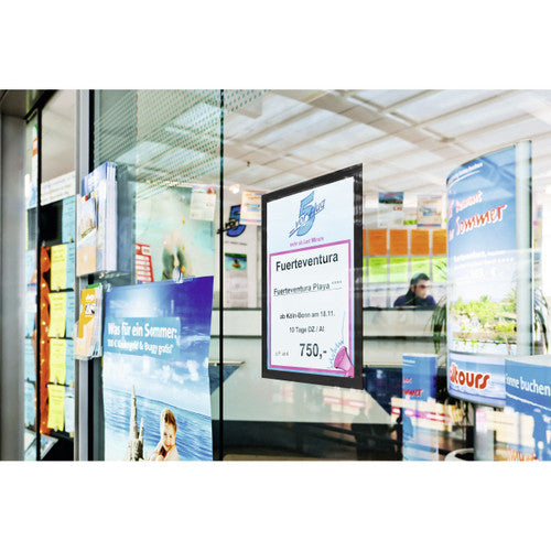 Side profile of the Durable Duraframe showing slim black frame depth and adhesive back