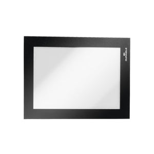 Durable 487001 Duraframe A6 sign holder adhesive back black hero view showing compact 120 x 168mm frame for price tags and small notices