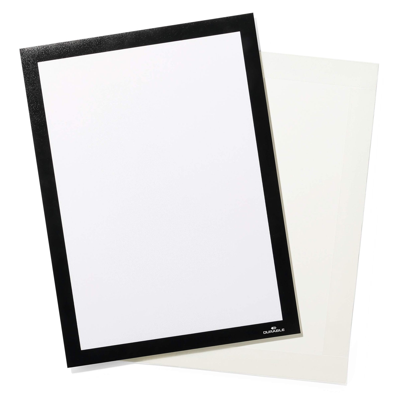 Clean product presentation of the Durable DURAFRAME Grip Textile Surface A4 Black with backing sheet on a white background. The image clearly displays the slim black border, A4 display area and elegant design suitable for professional office environments.