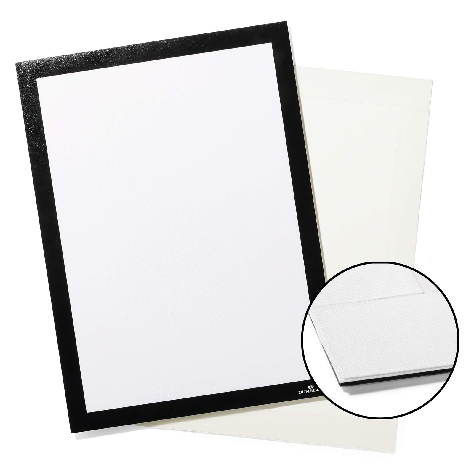 Studio product image of the Durable DURAFRAME Grip Textile Surface A4 Black with backing sheet displayed against a white background. An inset magnifies the textile grip backing, highlighting the specialised attachment surface and premium construction.