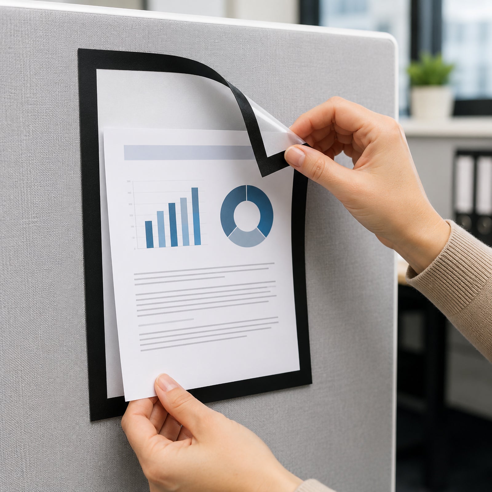 Hands inserting a printed report into the Durable DURAFRAME Grip Textile Surface A4 Black mounted on a fabric office partition. The magnetic fold back frame demonstrates fast document replacement while the bold black border creates a clean and professional workplace presentation.