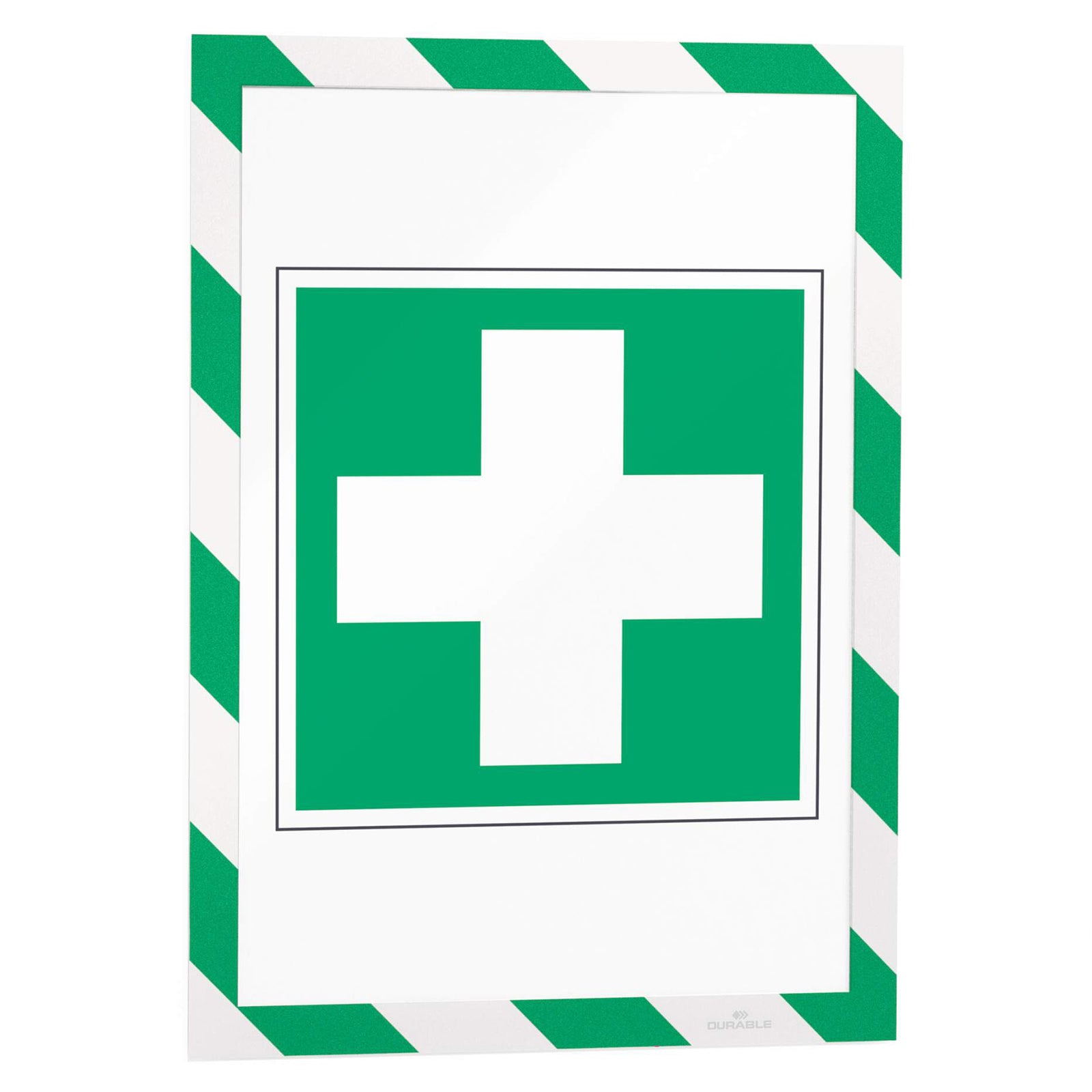 Portrait product image showing the Durable DURAFRAME Magnetic Security A4 Green White frame displaying a standard first aid cross symbol. The magnetic frame is suitable for healthcare facilities, offices and public buildings.