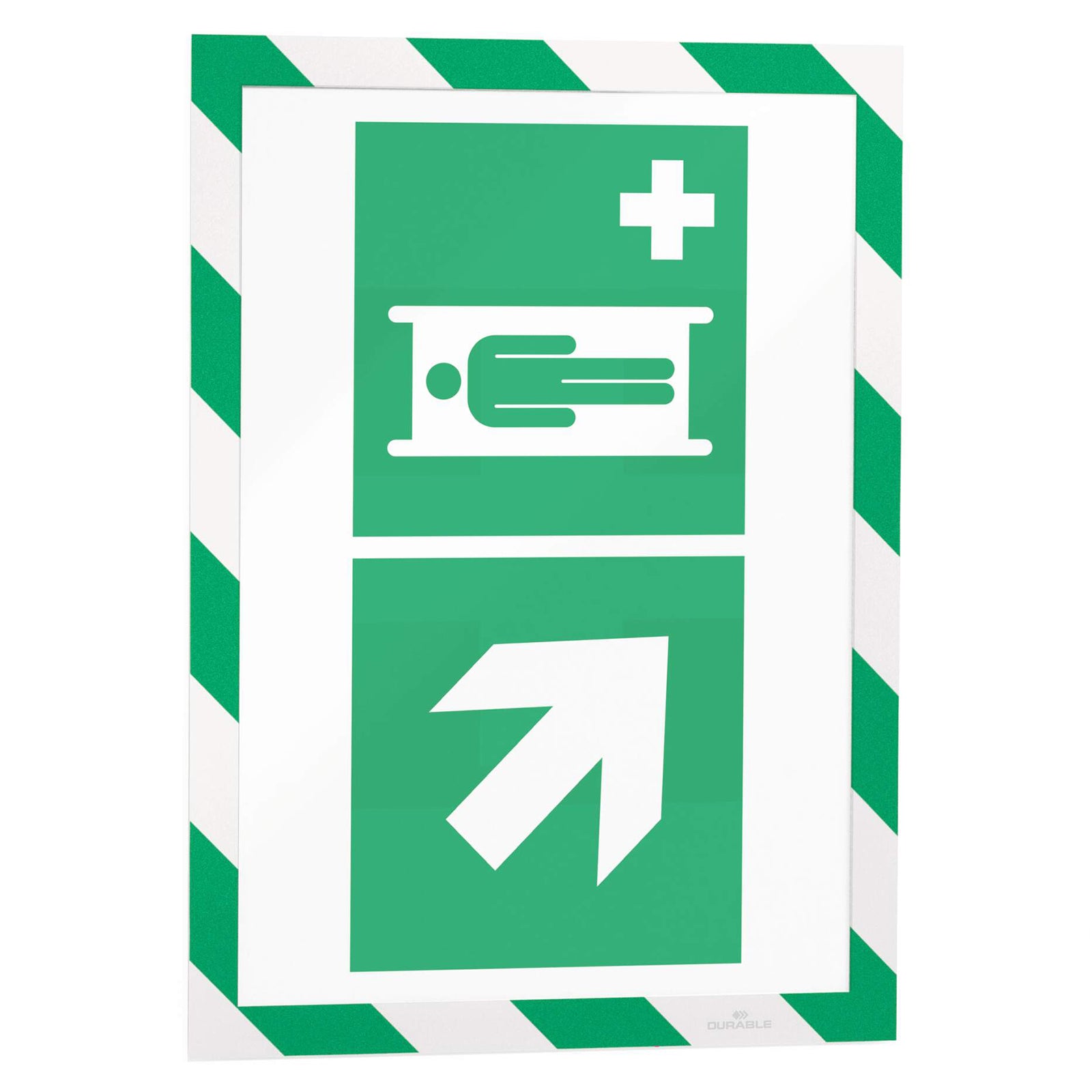 Front product image of the Durable DURAFRAME Magnetic Security A4 Green White frame displaying a first aid direction sign with upward arrow. The ISO compliant green and white border highlights emergency information for workplaces.