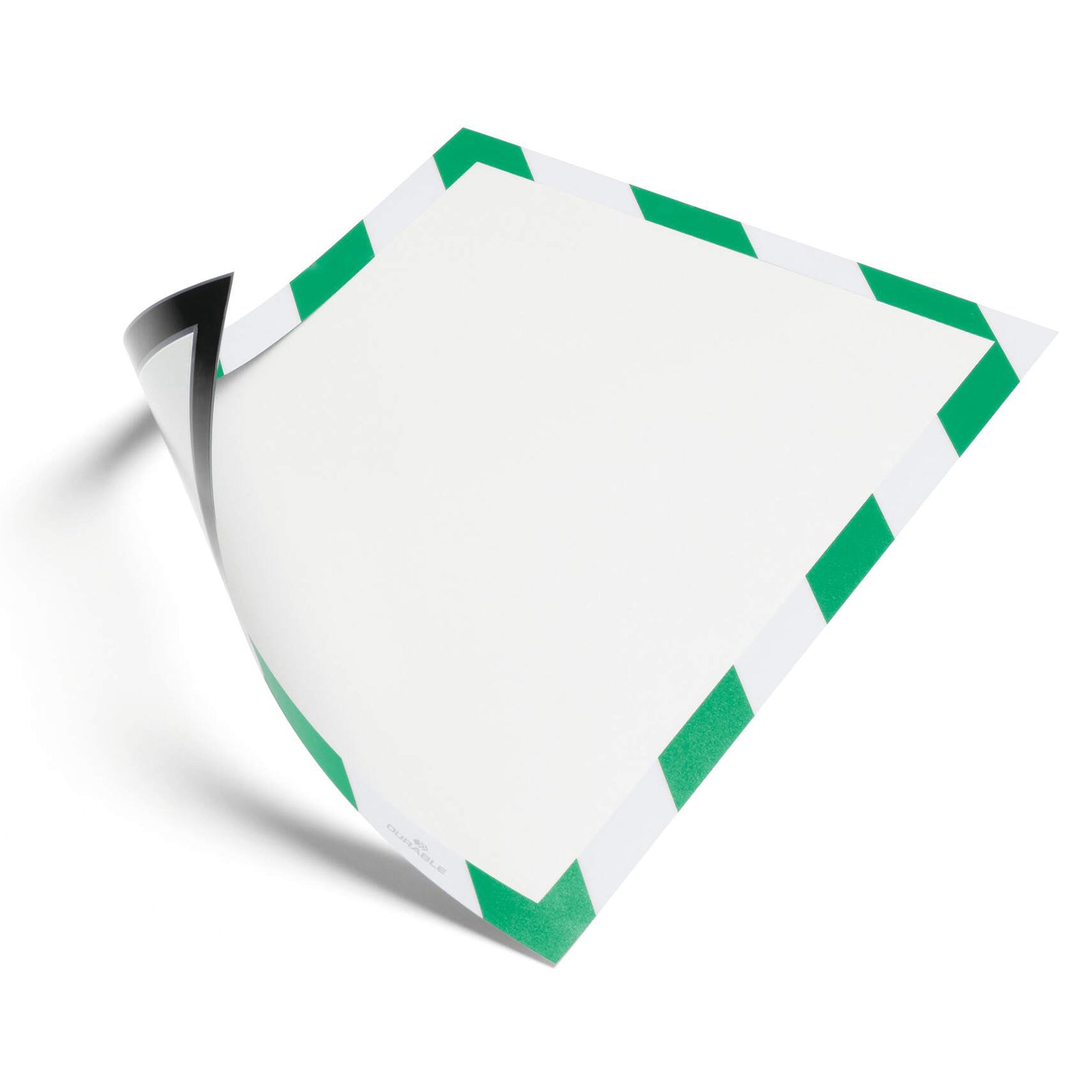 Studio image of the empty Durable DURAFRAME Magnetic Security A4 Green White frame highlighting its reusable magnetic construction and quick lift front for simple document replacement.