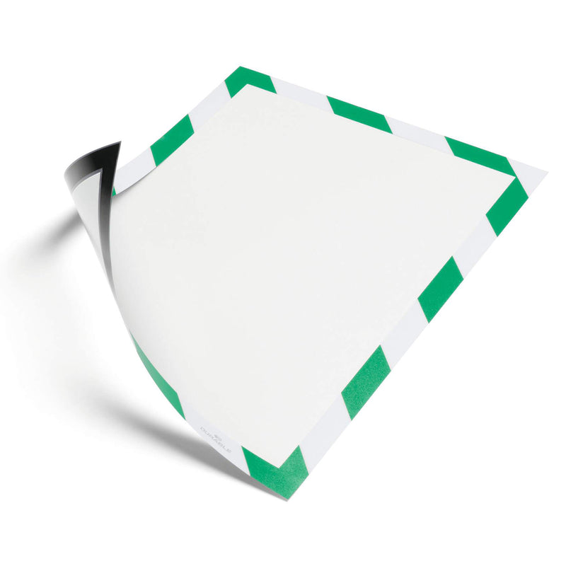 Studio image of the empty Durable DURAFRAME Magnetic Security A4 Green White frame highlighting its reusable magnetic construction and quick lift front for simple document replacement.