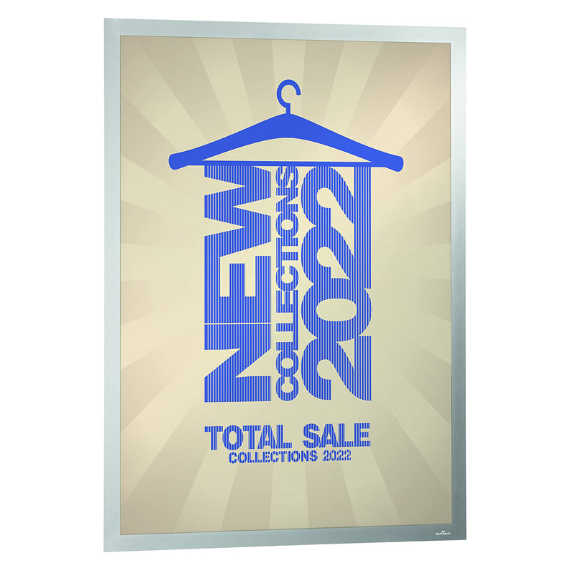 Studio product image featuring the Durable DURAFRAME Poster 50 x 70cm Silver displaying a retail promotional poster. The premium silver frame surrounds the large display area against a white background, illustrating its professional presentation.