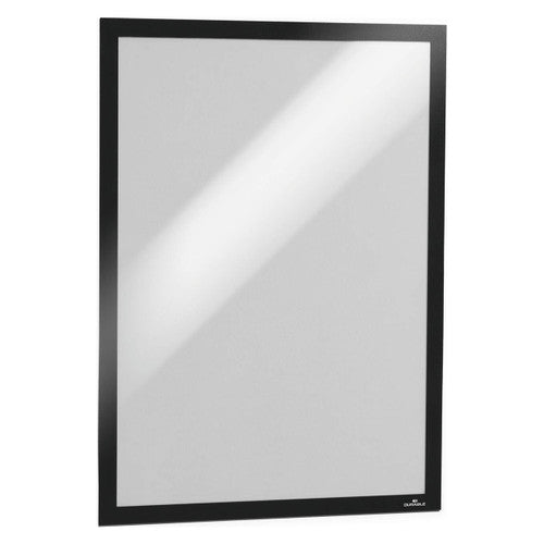 Durable Duraframe A2 black poster frame shown mounted on a glass window