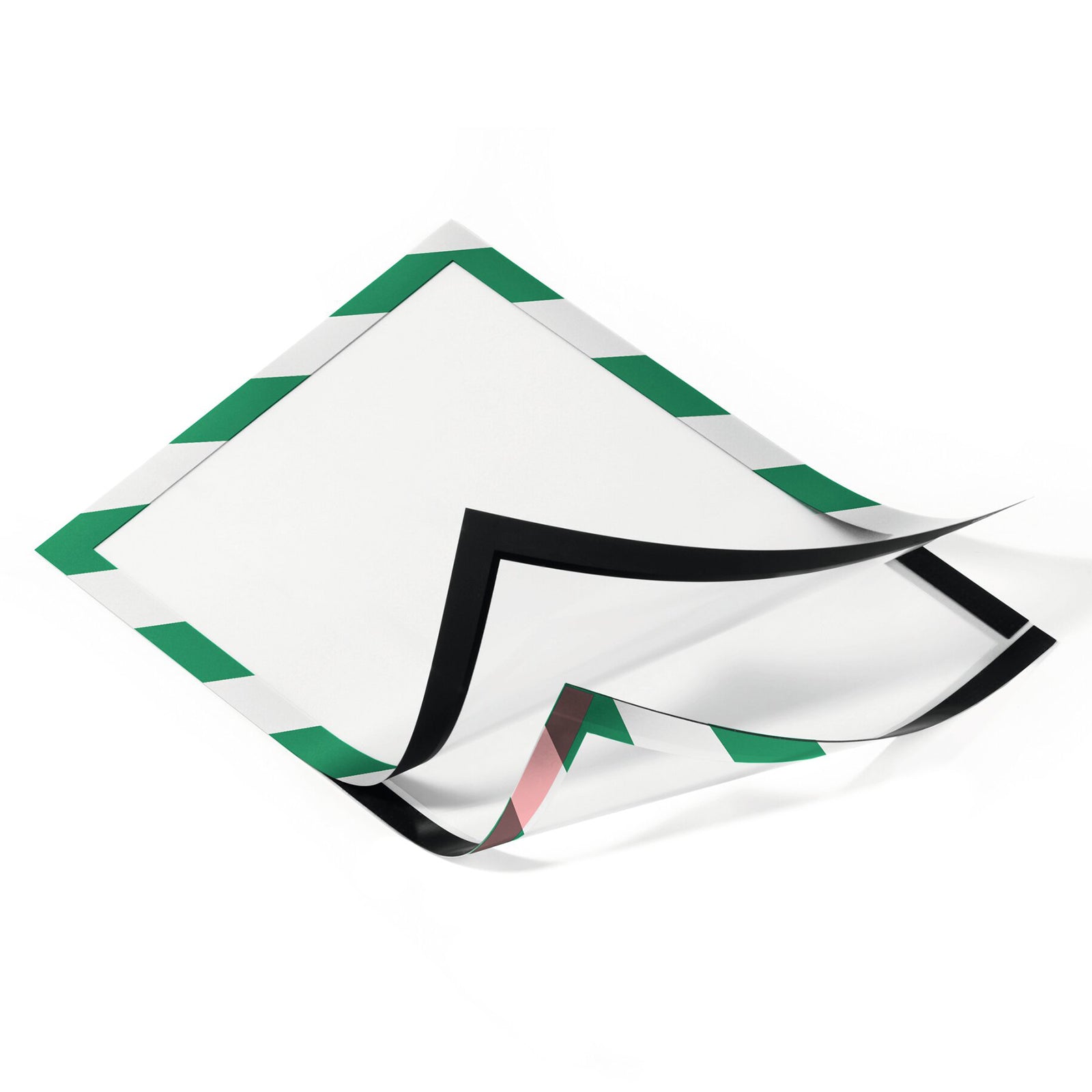 The flexible Durable DURAFRAME Security Green White frame shown partially folded to highlight its magnetic construction and durable design for repeated document changes.