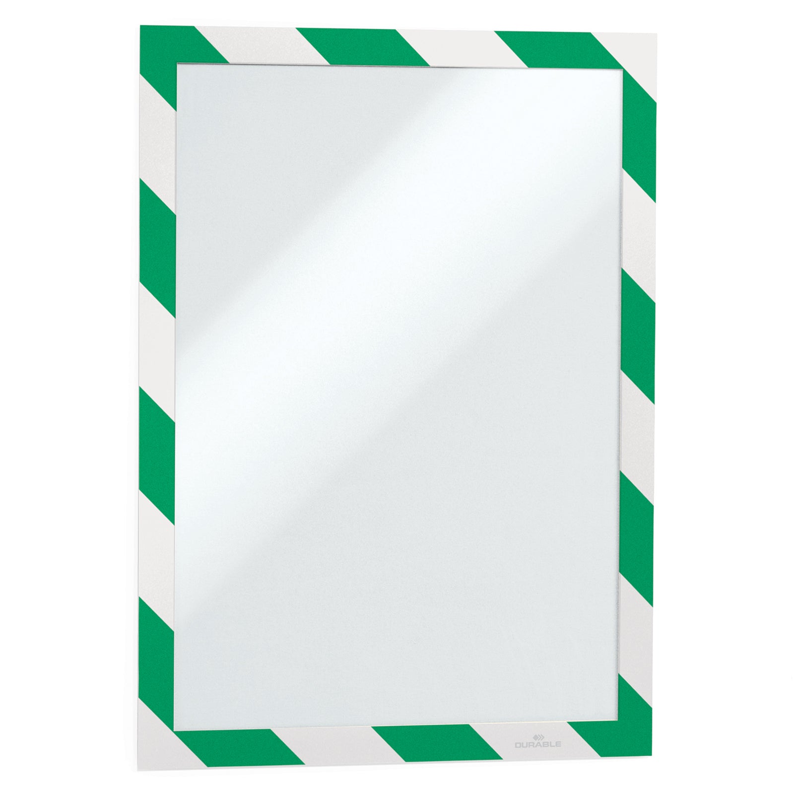 Studio image of the empty Durable DURAFRAME Security A4 Green White frame highlighting the clean presentation, magnetic opening and reusable self adhesive construction for interchangeable safety notices.