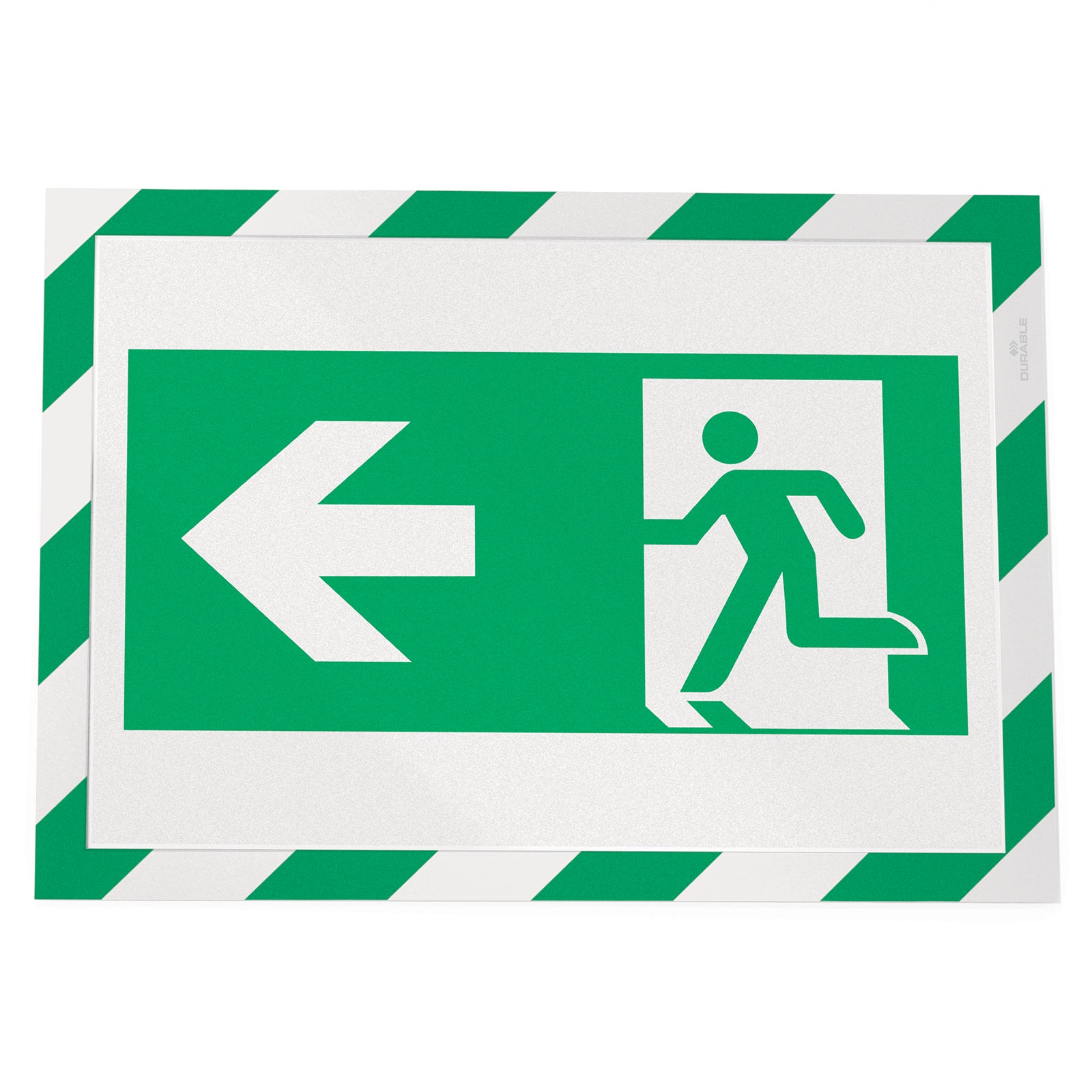 Front product image showing the Durable DURAFRAME Security A4 Green White displaying an emergency exit direction sign with left arrow. The highly visible design supports clear evacuation guidance.
