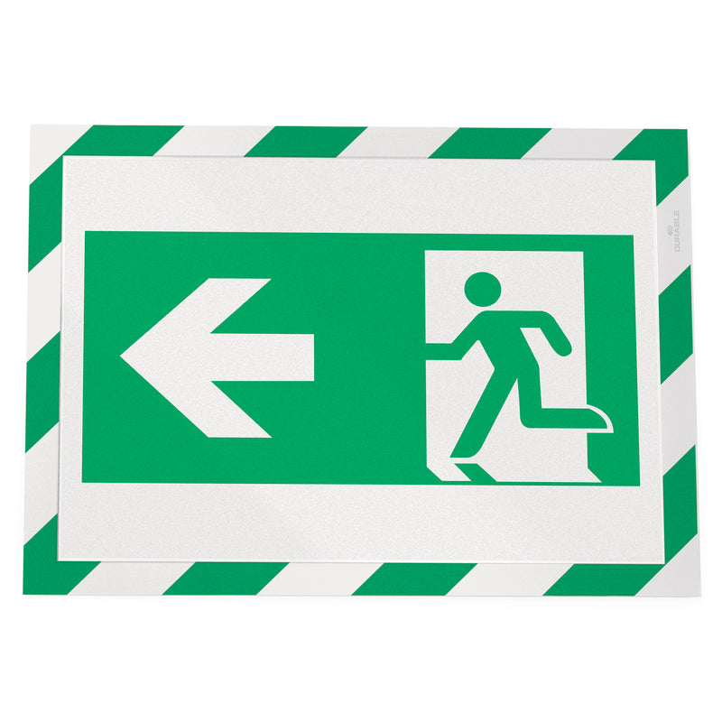 Front product image showing the Durable DURAFRAME Security A4 Green White displaying an emergency exit direction sign with left arrow. The highly visible design supports clear evacuation guidance.