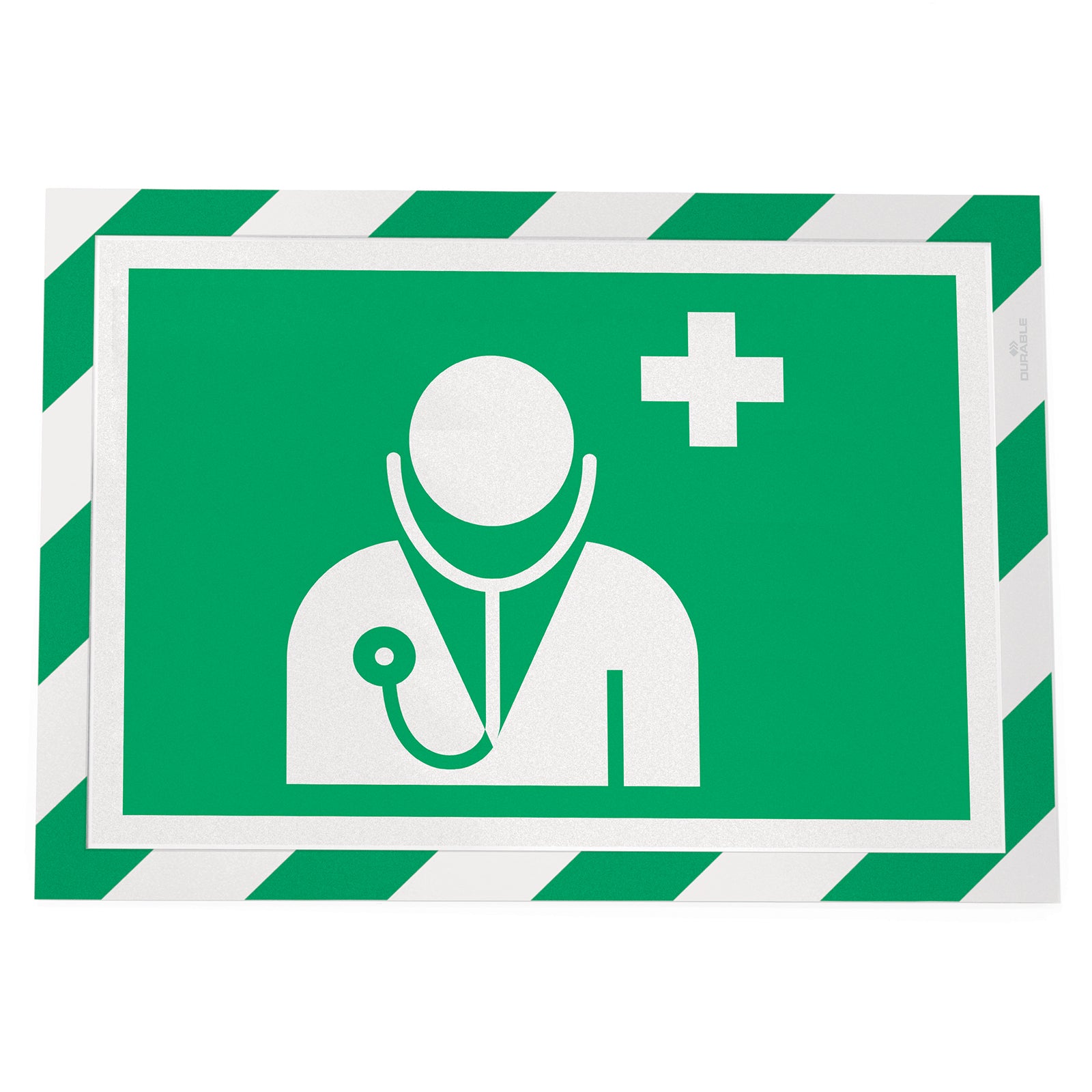 Front product view of the Durable DURAFRAME Security A4 Green White displaying a first aid symbol. The ISO compliant frame is ideal for identifying medical assistance points throughout workplaces and public buildings.