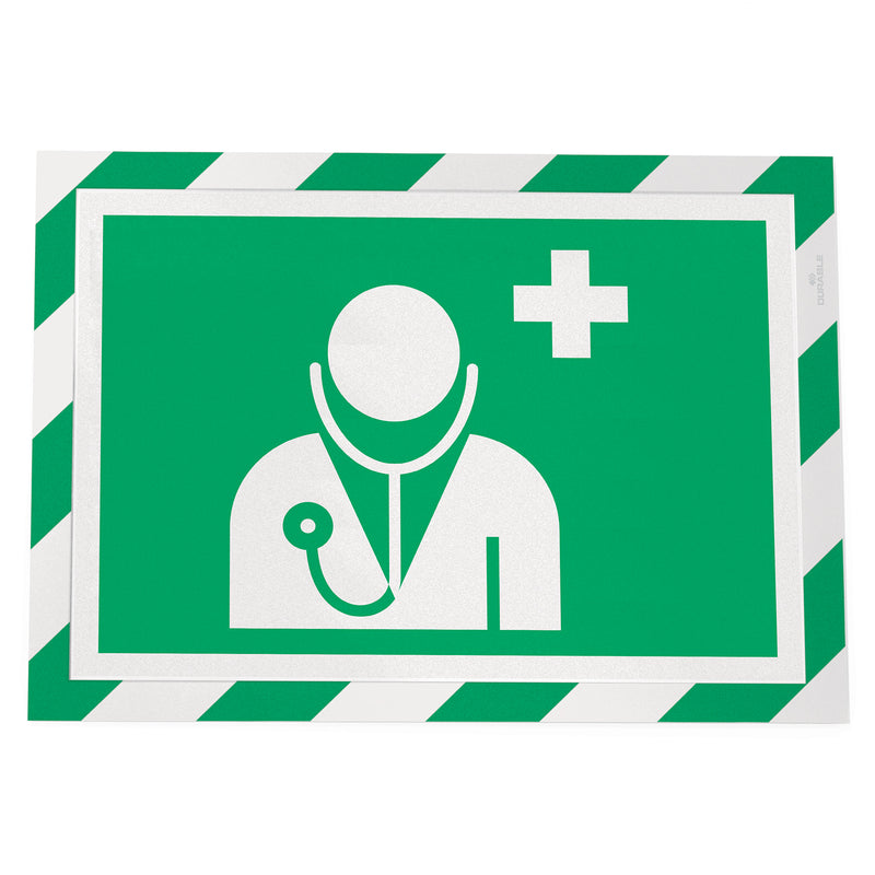 Front product view of the Durable DURAFRAME Security A4 Green White displaying a first aid symbol. The ISO compliant frame is ideal for identifying medical assistance points throughout workplaces and public buildings.