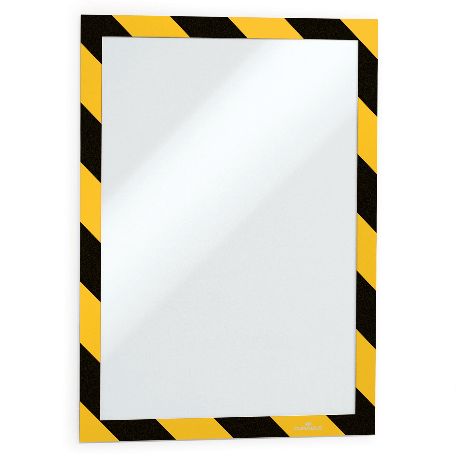 Studio image of the empty Durable DURAFRAME Security A4 Yellow Black frame highlighting the magnetic opening, self adhesive design and reusable professional presentation for interchangeable safety notices.