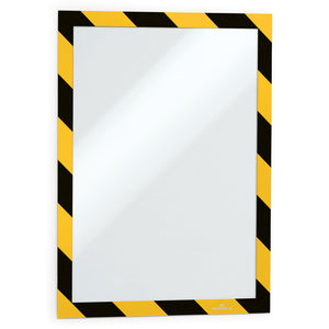 Durable Duraframe Security A4 frame with a yellow and black striped border, shown empty in portrait orientation