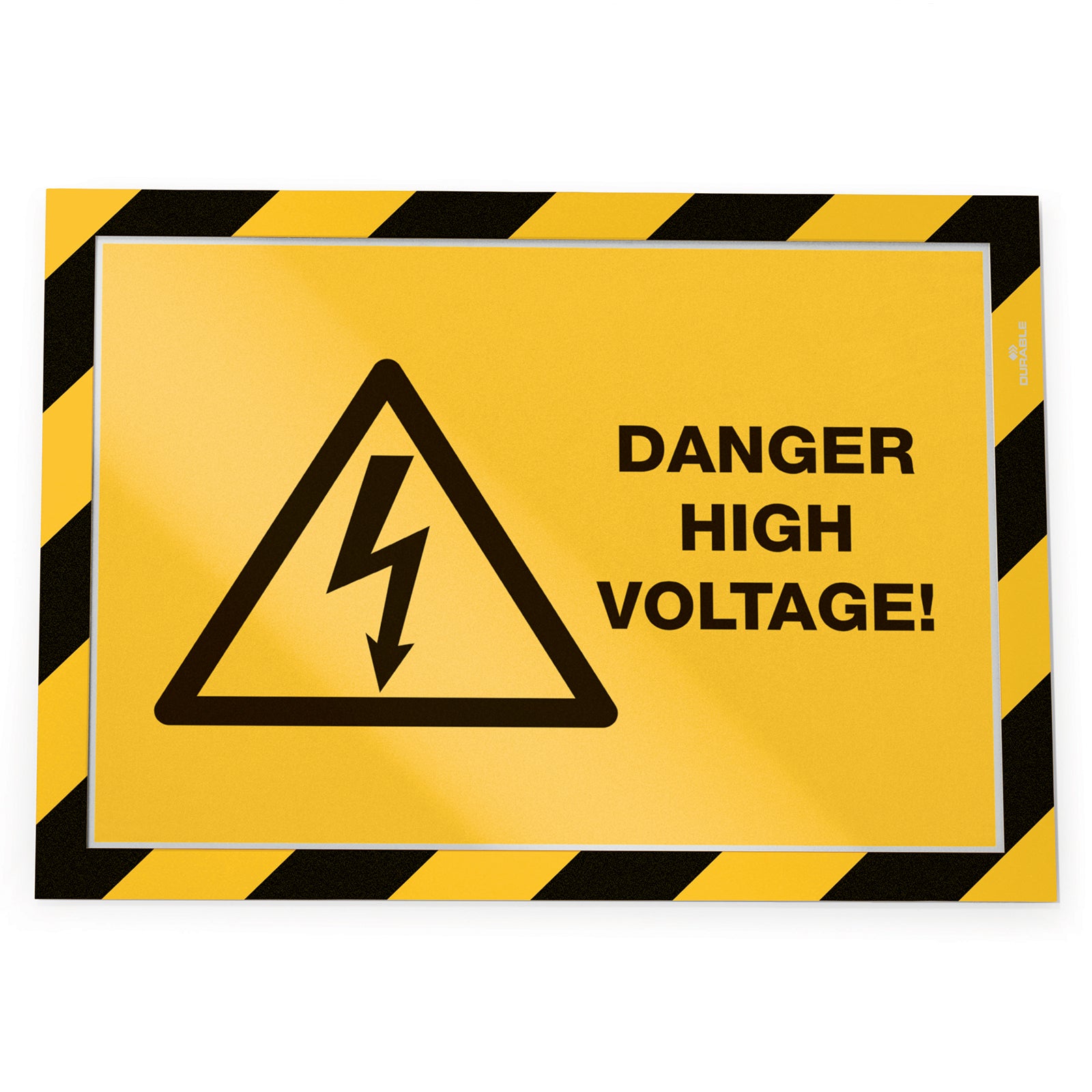Front product view showing the Durable DURAFRAME Security A4 Yellow Black displaying a high voltage warning notice. The professional design is ideal for electrical safety signage in industrial and commercial environments.