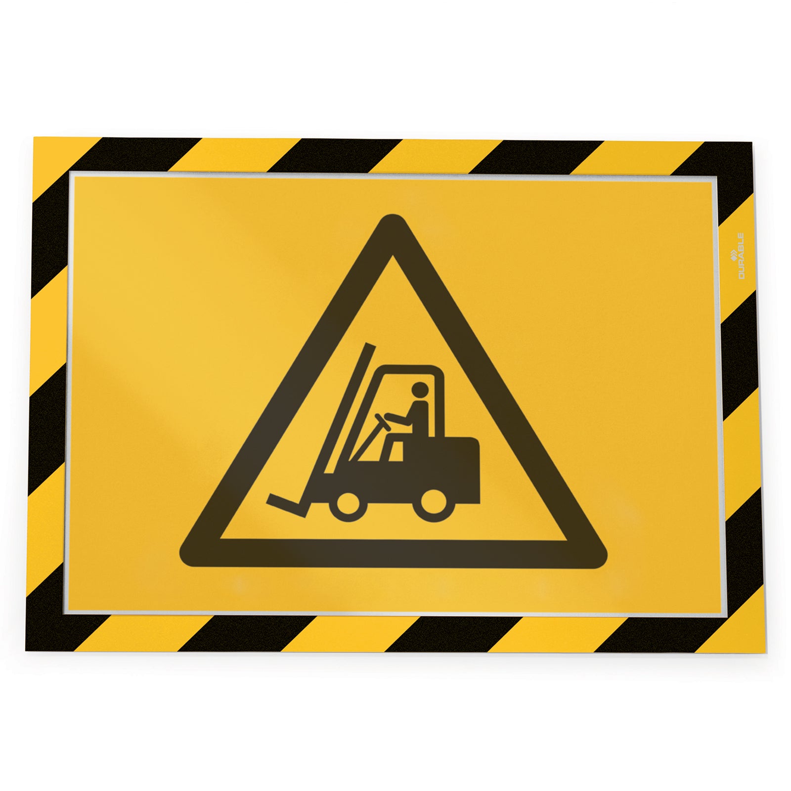 Front product view of the Durable DURAFRAME Security A4 Yellow Black displaying a forklift hazard warning sign. The bold yellow and black ISO compliant border draws attention to important workplace safety messages.