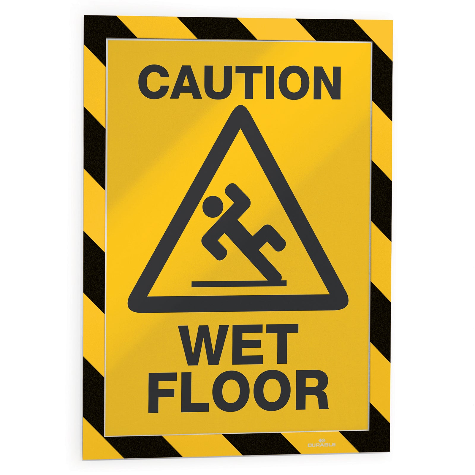 Front product view displaying a wet floor warning poster inside the Durable DURAFRAME Security A4 frame. The bold border increases visibility for temporary hazard alerts in public and workplace settings.