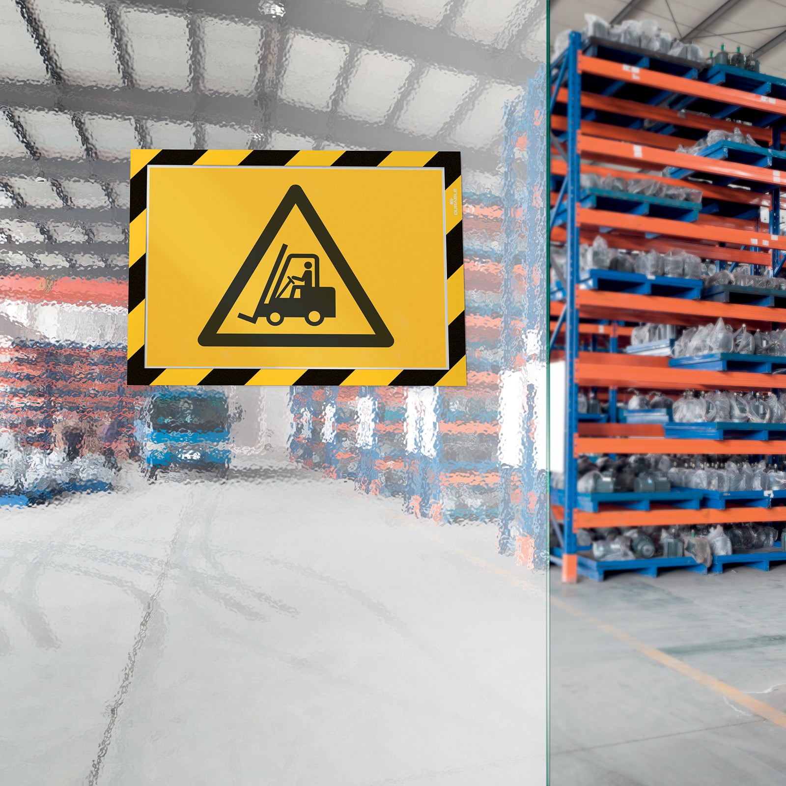 Durable DURAFRAME Security A4 Yellow Black mounted on textured warehouse glass displaying a forklift warning sign. The highly visible ISO compliant safety border enhances workplace hazard communication while remaining easy to read in industrial environments.