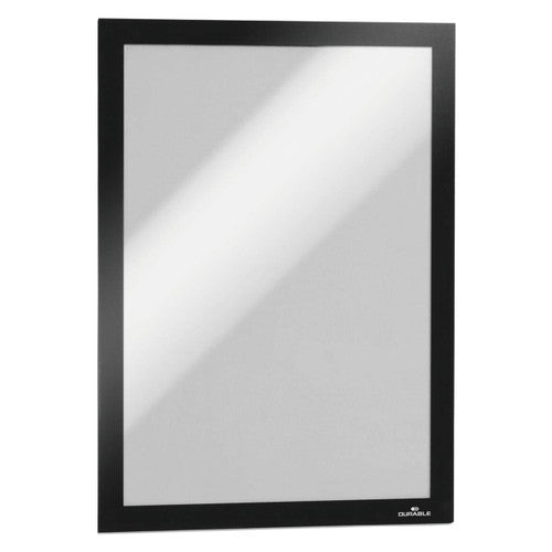 Durable Duraframe A4 black sign holder mounted on a smooth wall displaying an A4 document