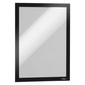 Durable Duraframe A4 self-adhesive sign holder with a black border, shown empty in portrait orientation