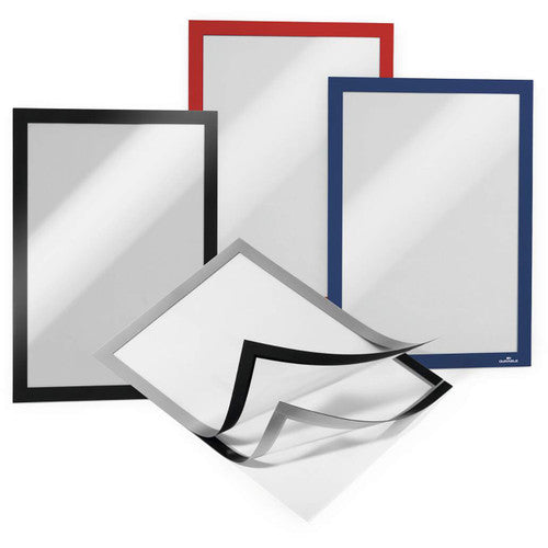 Durable Duraframe A4 sign holder mounted on a glass partition showing two-sided visibility