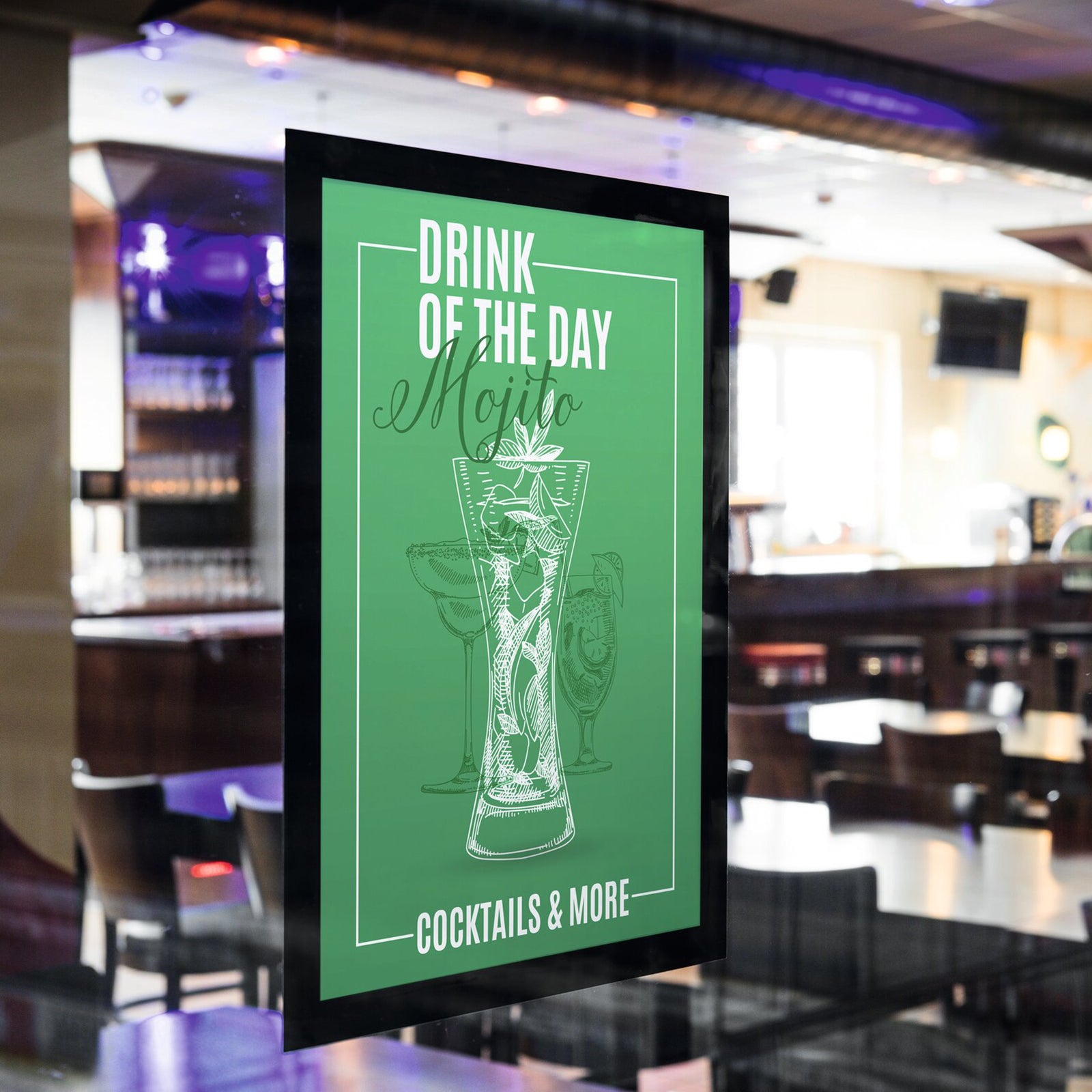 The Durable DURAFRAME Sun A4 Black displaying a promotional drinks poster on a glass panel inside a hospitality venue. The reusable static cling frame presents vibrant promotional material that can be updated quickly using the magnetic opening.