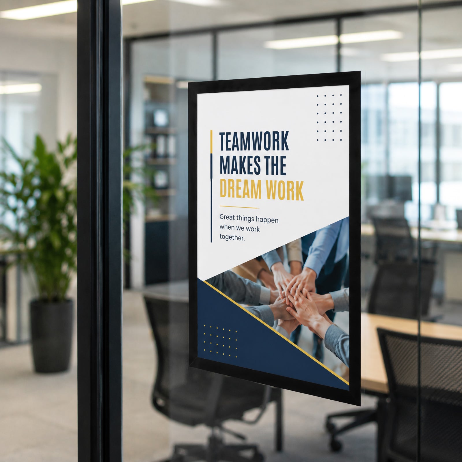 Durable DURAFRAME Sun A4 Black mounted on an office glass partition displaying a motivational teamwork poster. The clean black border enhances document visibility while maintaining a modern professional workplace appearance.