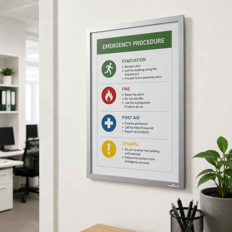 The Durable DURAFRAME Wallpaper A3 Silver mounted on an office wall displaying a clearly organised emergency procedure notice. The silver frame blends seamlessly into a modern workplace while providing highly visible communication for safety information and workplace announcements.