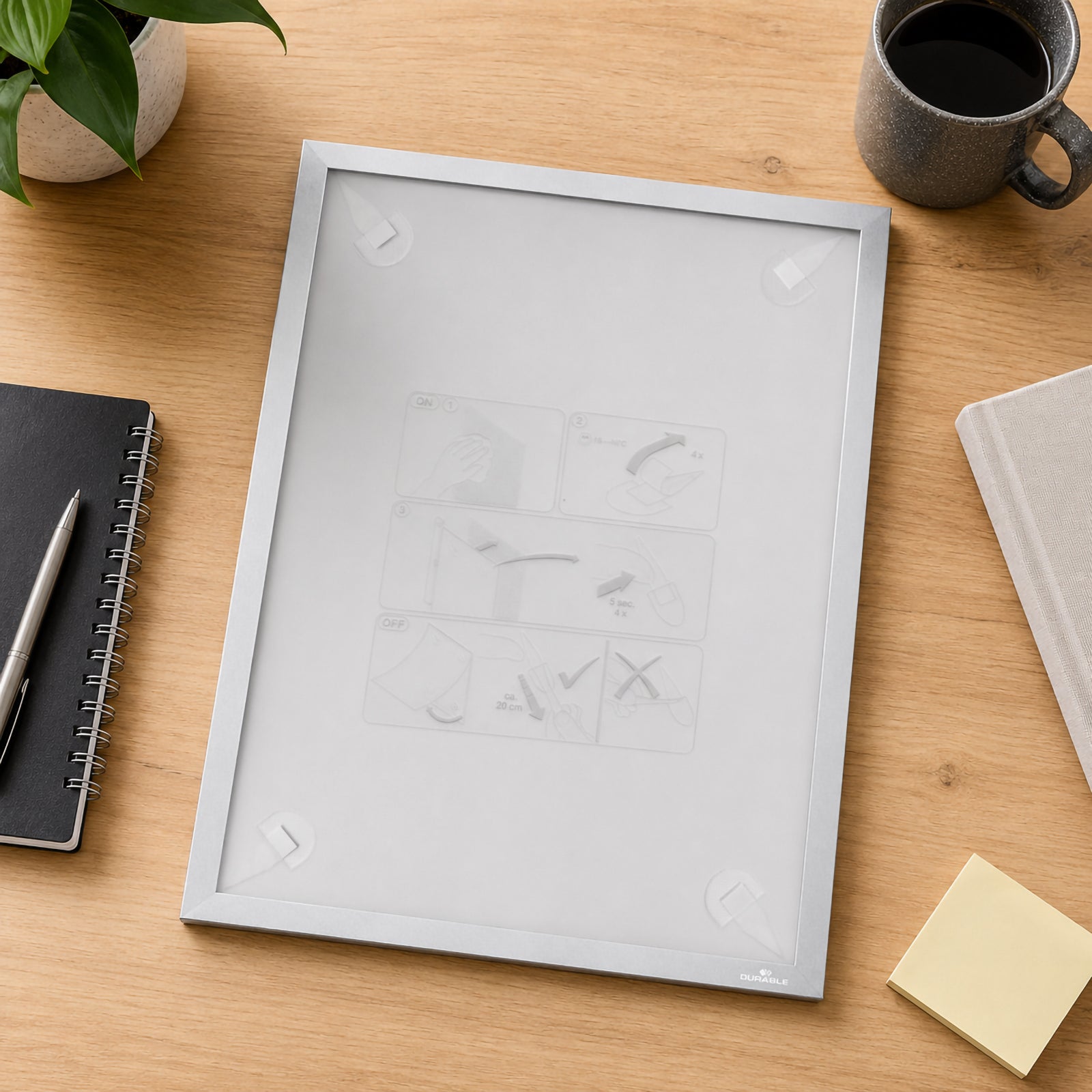 Top view of the Durable DURAFRAME Wallpaper A3 Silver positioned on a wooden office desk beside a notebook, coffee mug, sticky notes and indoor plant. The frame is shown with its protective insert and adhesive mounting system, highlighting its premium finish and easy installation.
