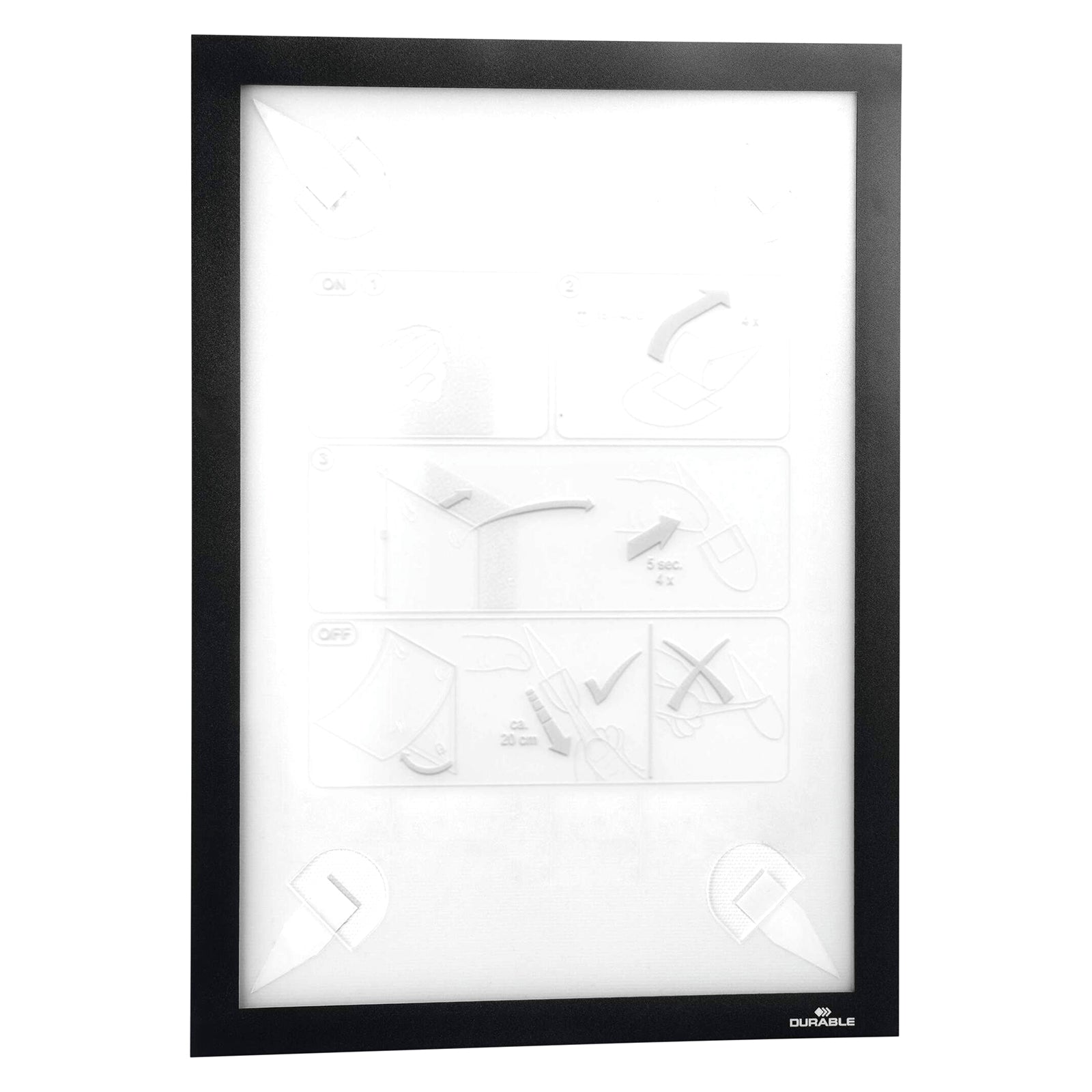Front view of the Durable DURAFRAME Wallpaper A4 Display Frame with the magnetic cover open, revealing the adhesive mounting positions beneath. The image highlights the reusable frame construction and quick access design for changing printed inserts.