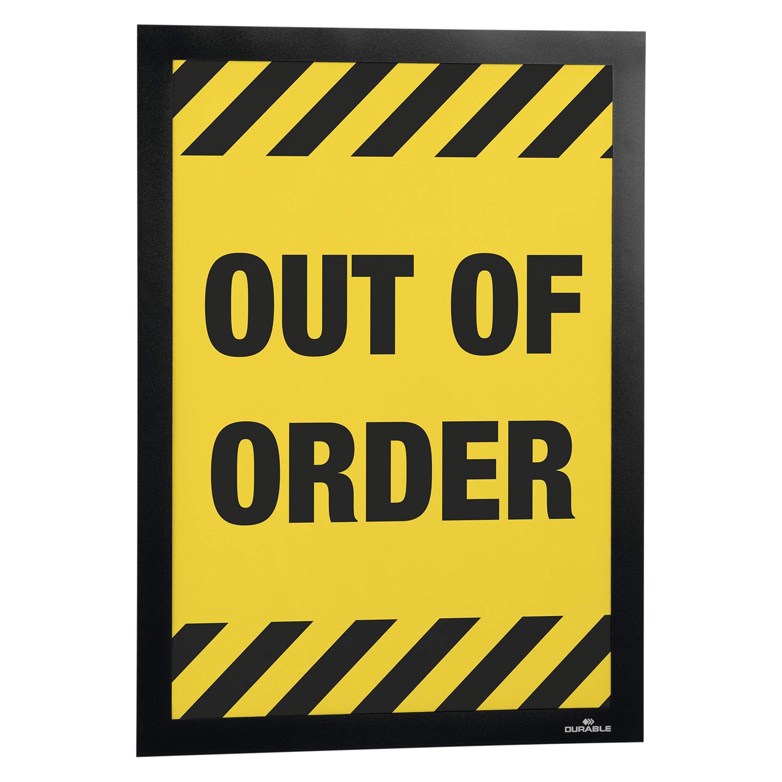 The Durable DURAFRAME Wallpaper A4 Display Frame presenting a bold out of order safety notice with high visibility colours. The image illustrates its effectiveness for temporary warnings, maintenance notices and workplace safety communication.
