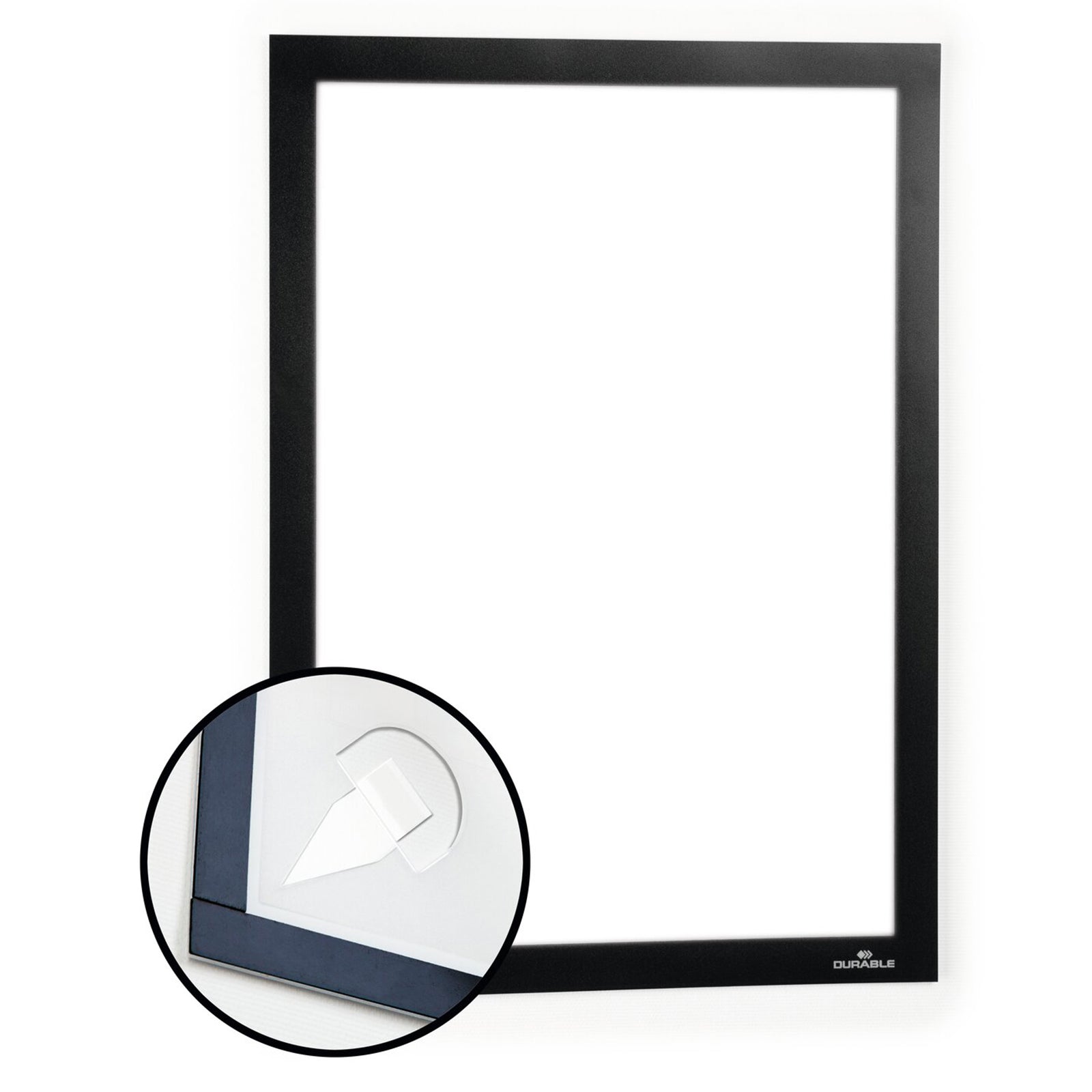 Front view of the Durable DURAFRAME Wallpaper A4 Display Frame with a magnified inset highlighting the adhesive fixing point located behind the frame. This image clearly explains the hidden mounting method for a clean professional appearance.