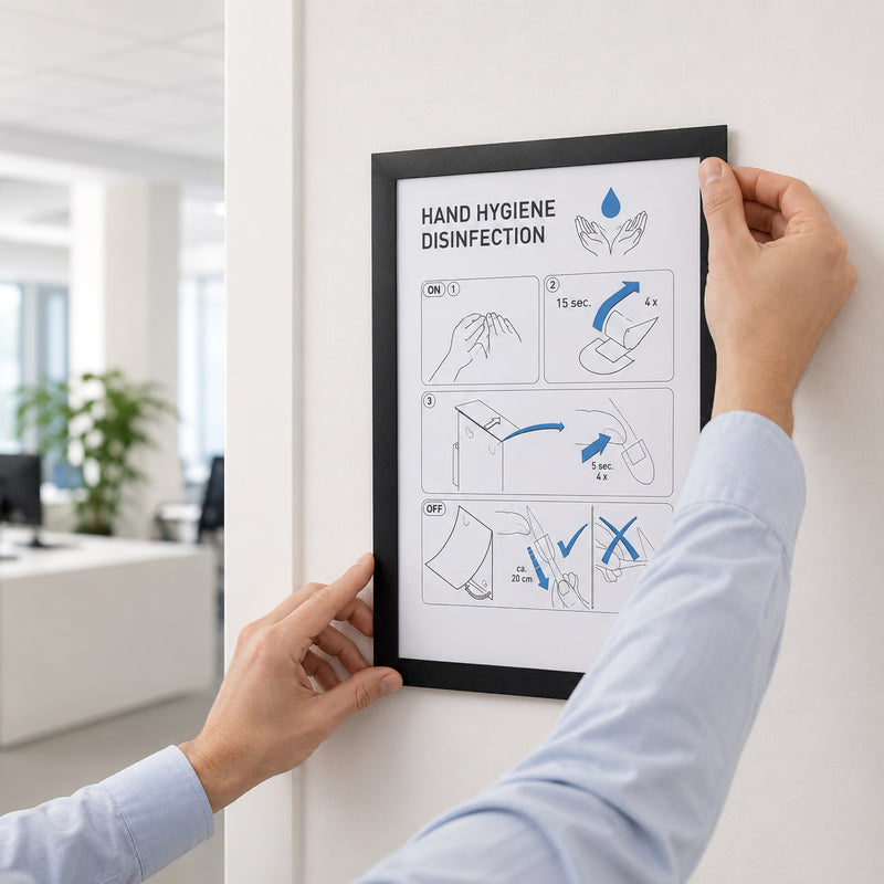 Hands positioning the Durable DURAFRAME Wallpaper A4 Display Frame onto a painted office wall beside an open workspace. The image demonstrates the easy installation process using adhesive strips while showcasing the professional black frame displaying workplace hygiene instructions.